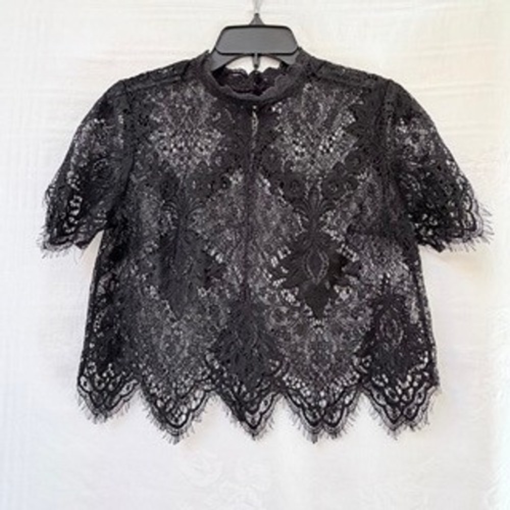 Forever 21 Black Floral Lace Crop Top Mock Neck Sheer Blouse Small Fairy